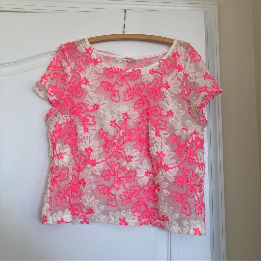 Anthro Meadow Rue Mesh Pink Floral Top size Large